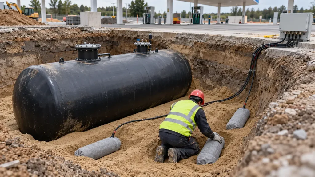 Installation of sacrificial anodes next to a buried fuel tank at a service station