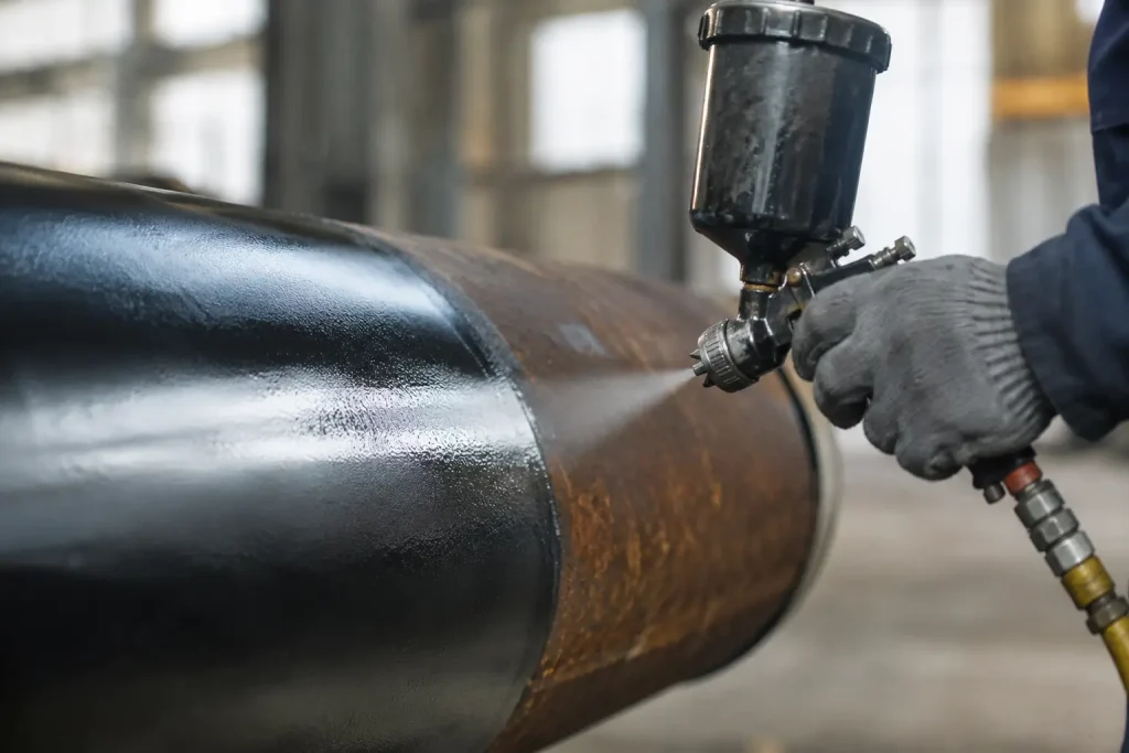 Aplicación profesional de recubrimiento epoxi anticorrosivo en tuberías industriales para máxima protección.