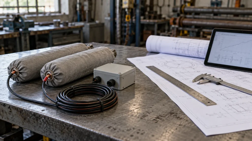 Sacrificial anodes and connection box from a cathodic protection kit next to engineering design drawings