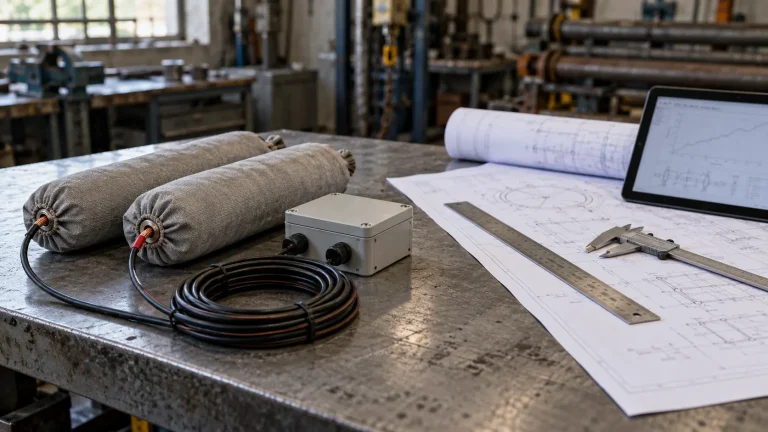 Sacrificial anodes and connection box from a cathodic protection kit next to engineering design drawings