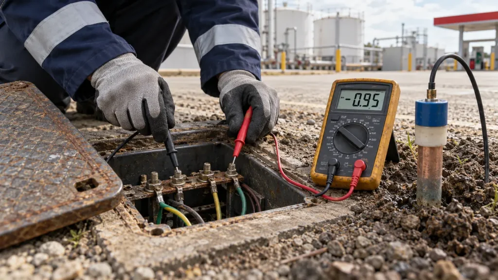 Measuring the potential of a buried tank at the test pit with a multimeter and reference electrode