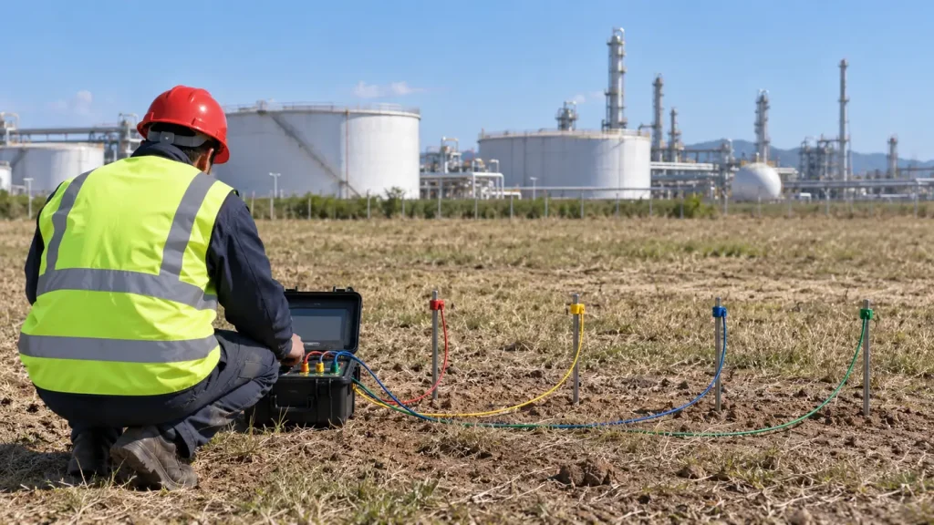 Technician measuring soil resistivity with the Wenner method before sizing the cathodic protection