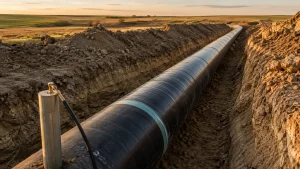 Gasoducto de acero con protección catódica parcialmente excavado en zanja