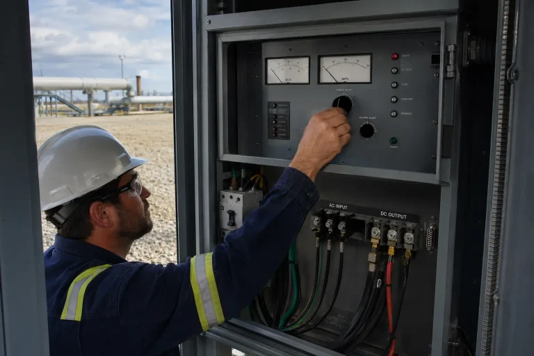 Ilustración detallada de cómo la protección catódica detiene la corrosión en estructuras metálicas sumergidas en un electrolito, mostrando el flujo de electrones para prevenir la oxidación.