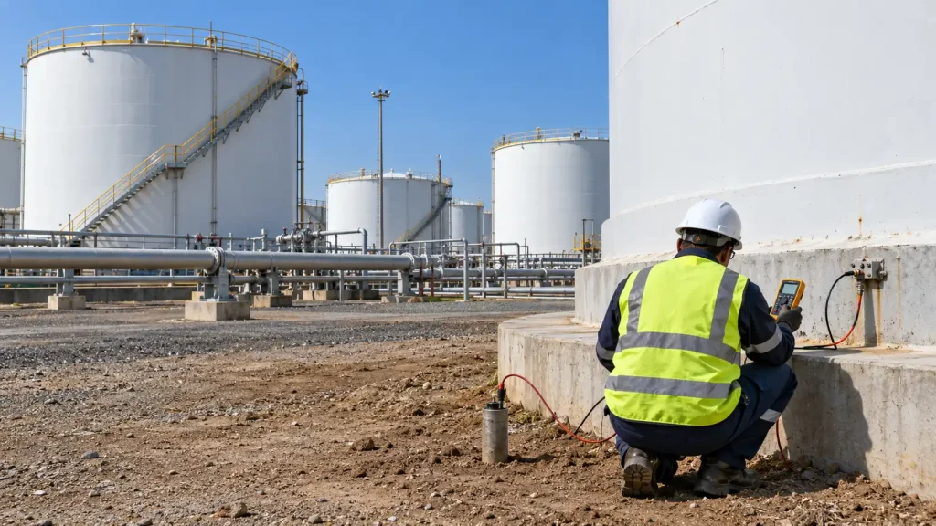 Technician measuring the cathodic protection potential at the base of a storage tank