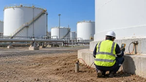 Técnico midiendo el potencial de protección catódica en la base de un tanque de almacenamiento