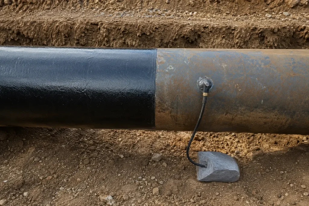 Visual comparison of cathodic protection and anticorrosive coating in industrial pipelines: a key synergy.