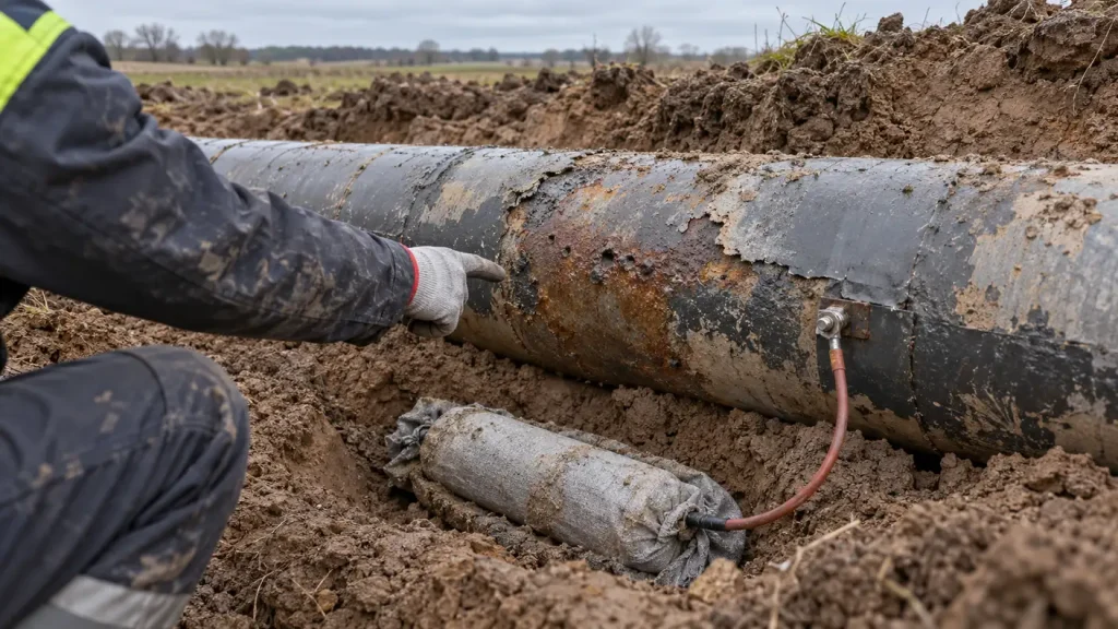 Buried pipe with corrosion and pitting next to a single sacrificial anode that is not enough to protect it